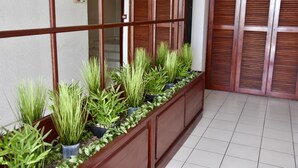 A hallway with a wooden partition and potted plants.