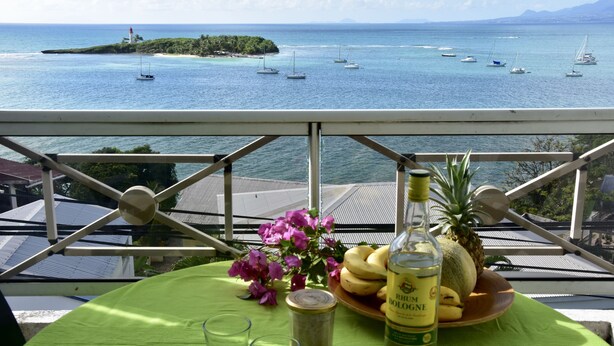 A table with a bottle of rum, a plate of fruit, and a flower on a balcony overlooking the sea with boats.