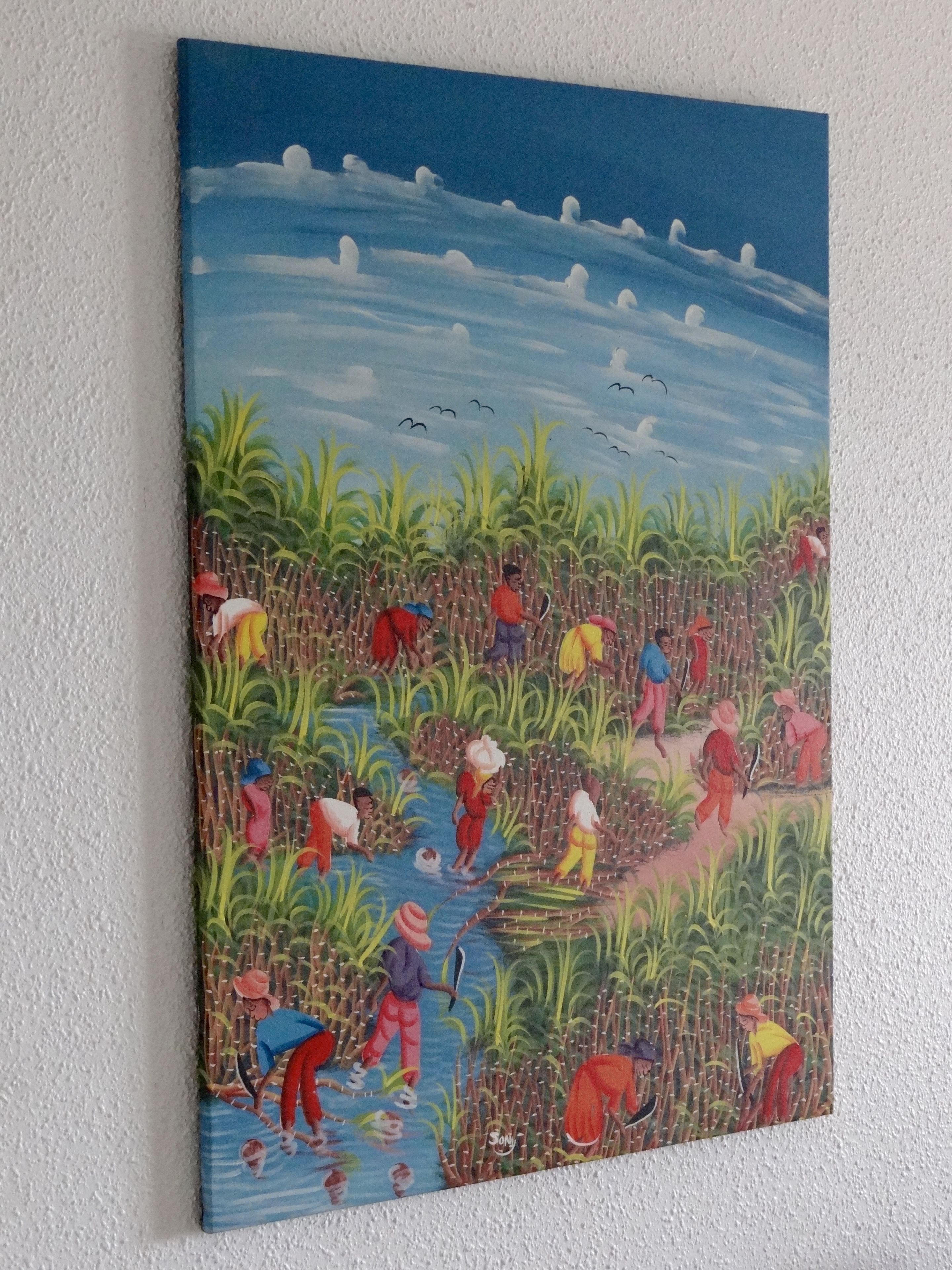 Una pintura que muestra a personas trabajando en un campo, con un río y aves en el cielo.