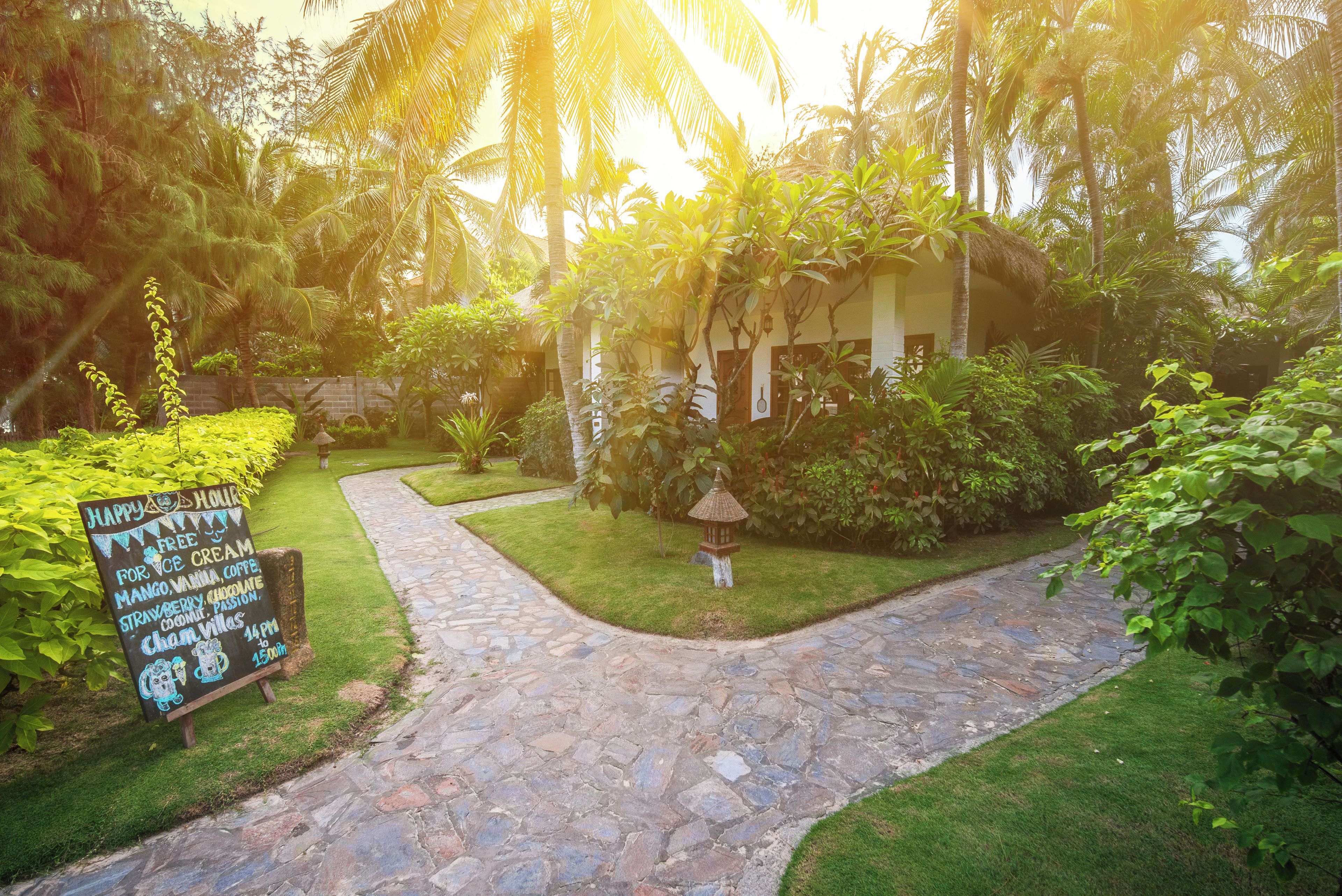 A stone pathway leading to a building surrounded by lush greenery and a sign offering free ice cream.