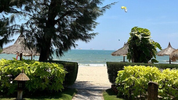 A stone pathway leading to a beach with thatched umbrellas and a large tree. - Cham Villas (Mui Ne)