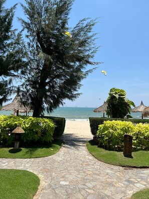 A stone pathway leading to a beach with thatched umbrellas and a large tree. - Cham Villas (Mui Ne)