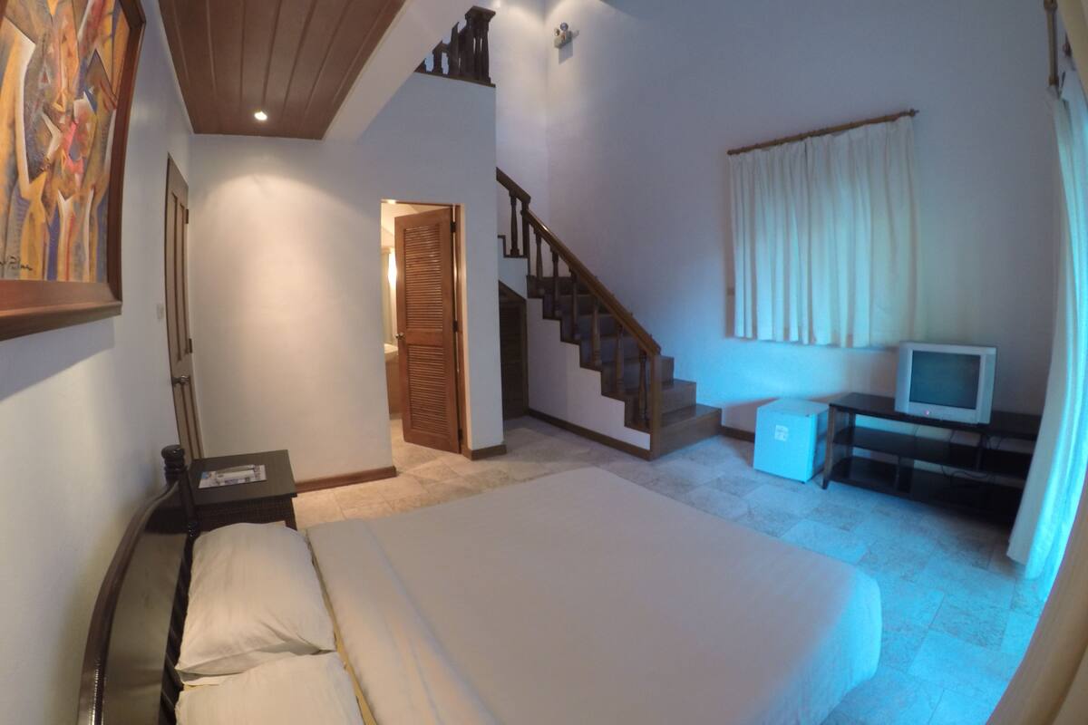 Un dormitorio con cama, televisor, escalera y puerta que da a otra habitación.