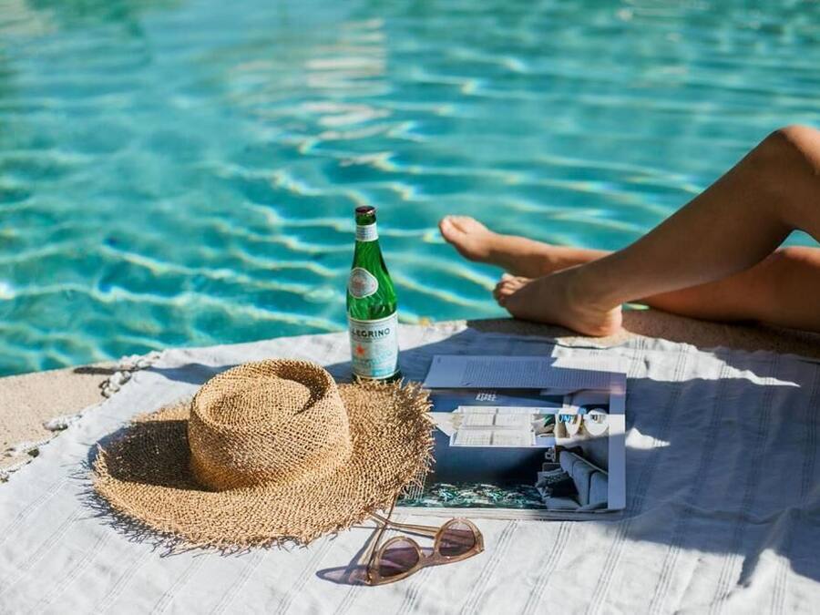 Outdoor pool, pool umbrellas, pool loungers