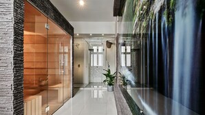 A modern hotel lobby with a glass partition, a wooden bench, a potted plant, and a wall-mounted waterfall feature. - Hotel President (Bielsko-Biala)