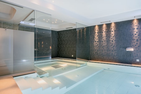 Indoor pool, open 2:00 PM to 8:30 PM, sun loungers