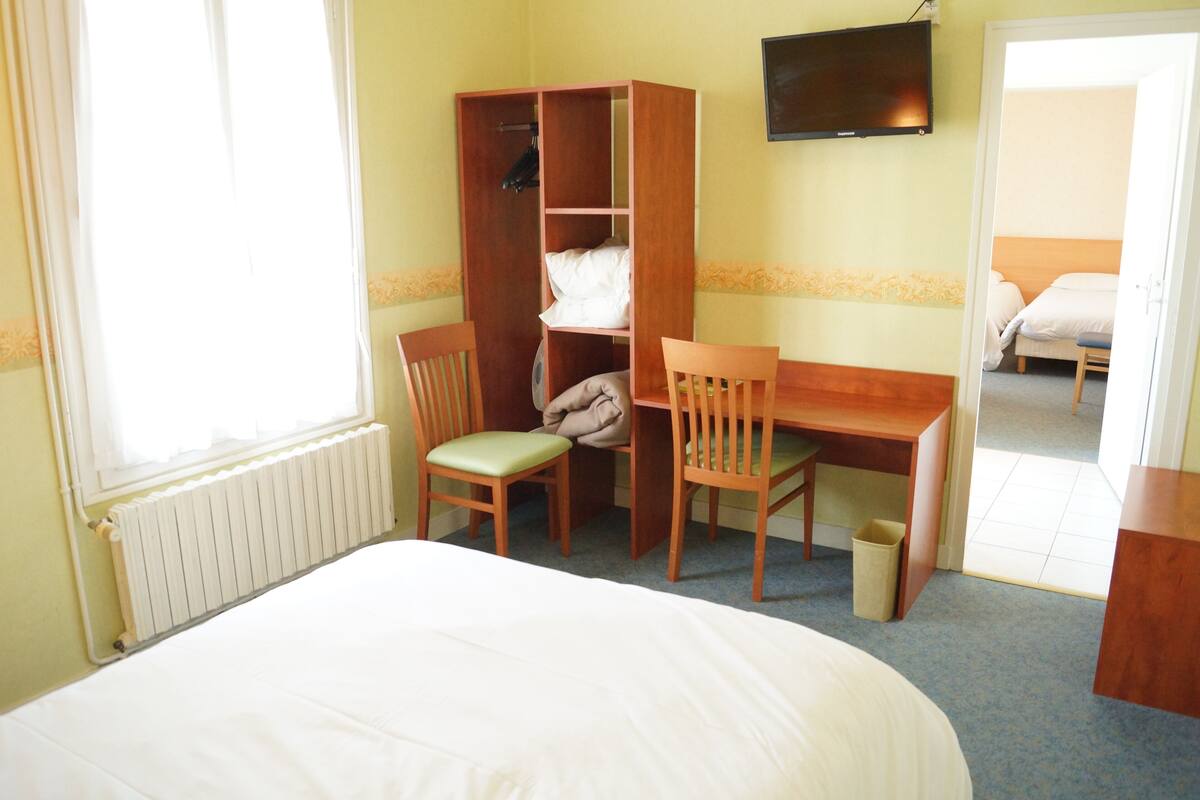 A hotel room with a bed, a desk, a chair, a wardrobe, a radiator, and a television on the wall.