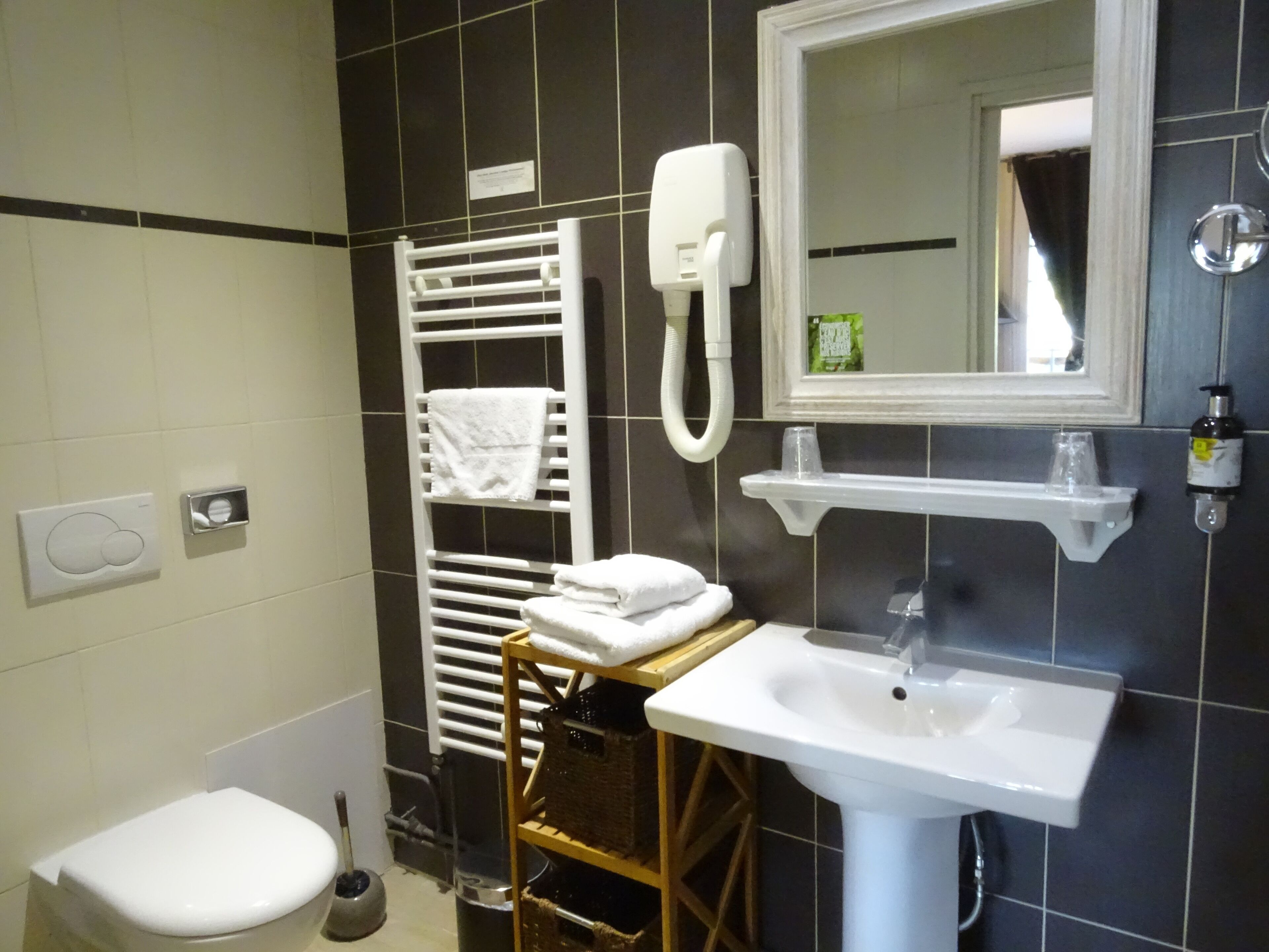 A bathroom with a white toilet, a sink, a towel rack, a mirror, and a handheld showerhead.