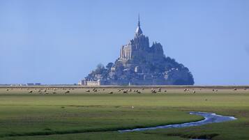 A castle with a prominent spire, surrounded by a grassy field with sheep grazing.