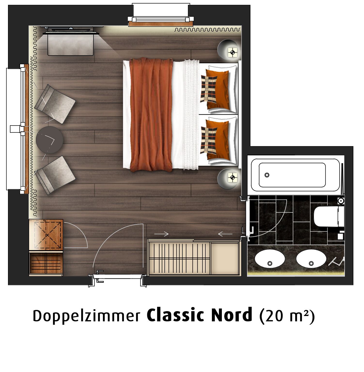 Une chambre double comprenant un lit, deux tables de chevet, une chaise, une petite table et une fenêtre.