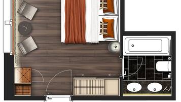 Une chambre double comprenant un lit, deux tables de chevet, une chaise, une petite table et une fenêtre.