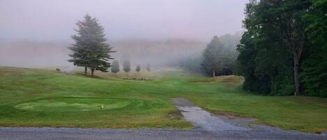 A misty golf course with a gravel path leading through the center.