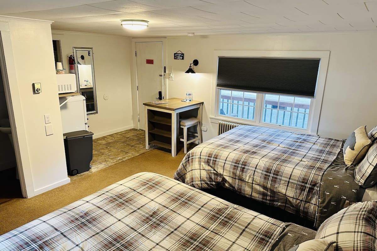 A bedroom with two beds, a desk, a radiator, and a window with a view.