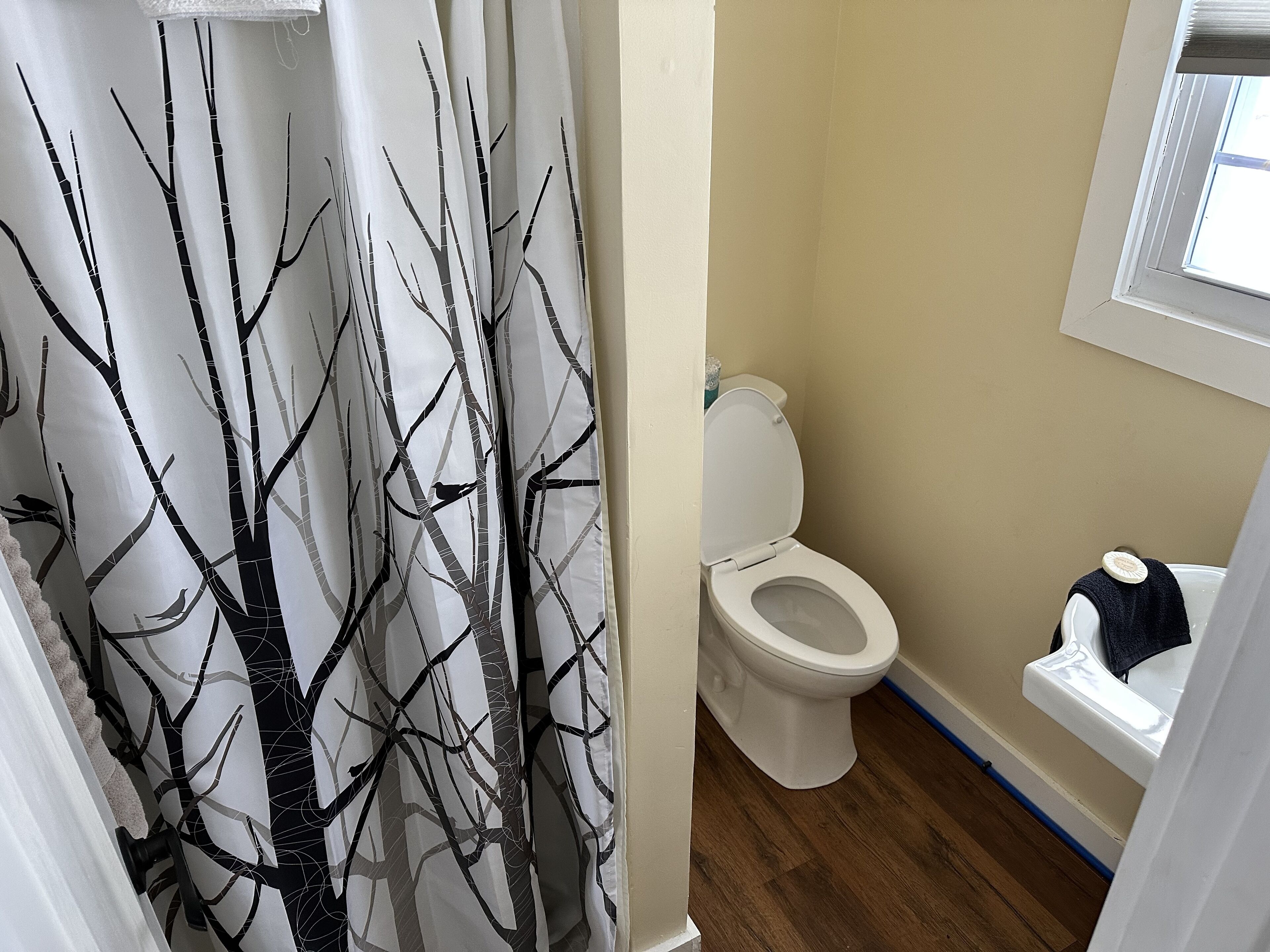 A bathroom with a toilet, a sink, and a shower curtain with a tree pattern.