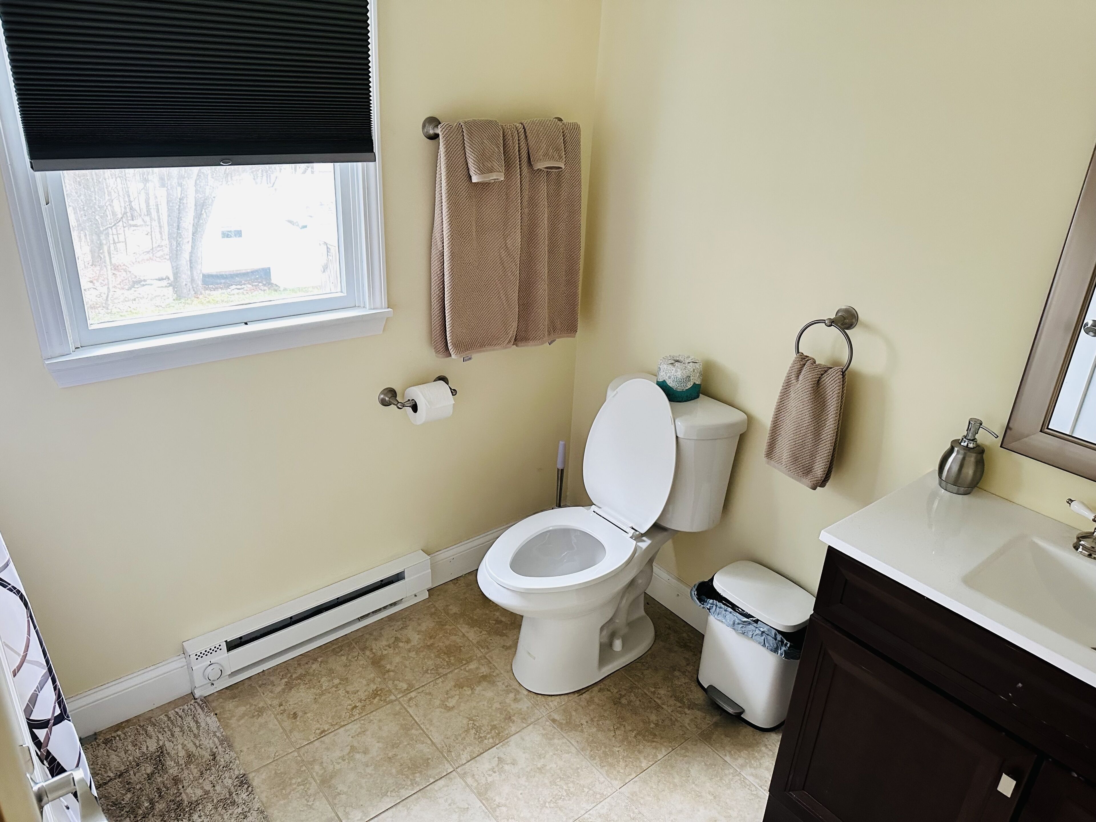 Un baño con inodoro, lavamanos, espejo, toallero y una ventana con persianas.