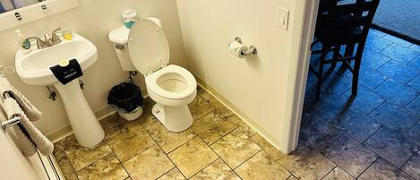 A bathroom with a toilet, sink, and a trash bin.