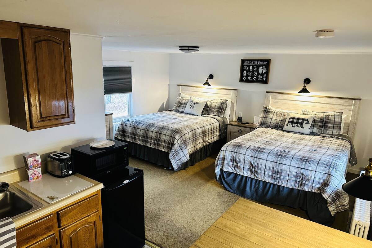 A bedroom with two beds, a wooden cabinet, a microwave, a toaster, and a small table.
