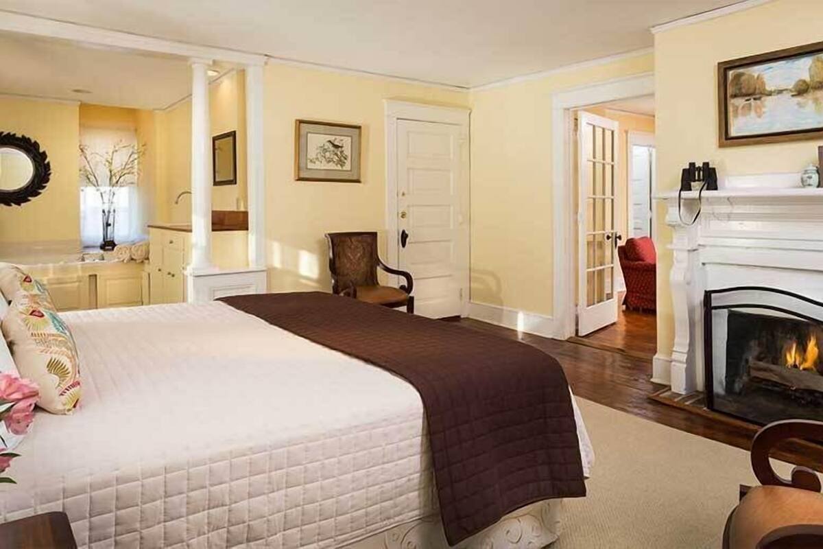 Quarto com uma cama grande, lareira e porta que dá para outro cômodo.