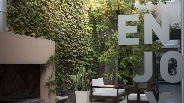A courtyard with a stone bench, a wooden chair, and a large planter with greenery. - Didi Rooms (Buenos Aires)