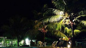 Une piscine avec des chaises longues et des palmiers, le tout illuminé la nuit.