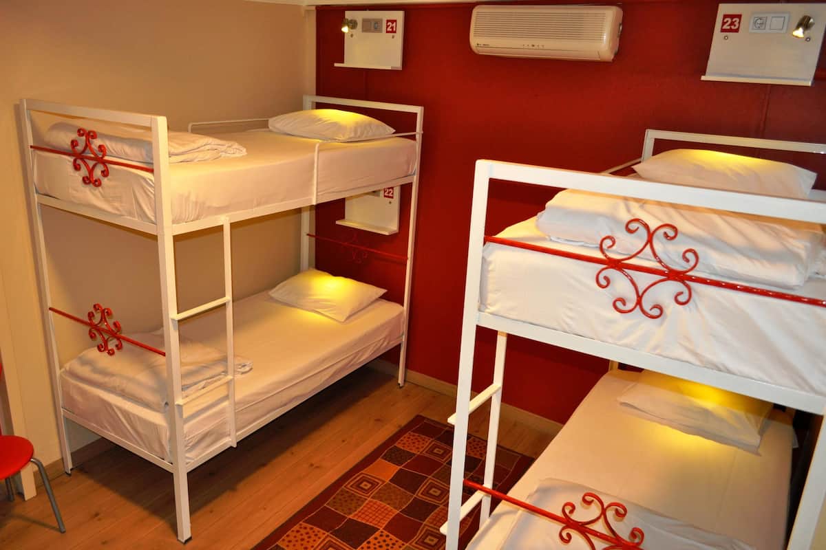 A dormitory room with bunk beds, a red wall, and a patterned rug.