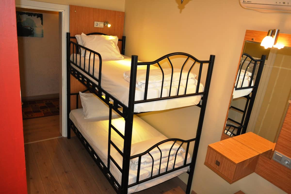 A bunk bed room with a wooden headboard, a small wooden cabinet, and a mirror on the wall.