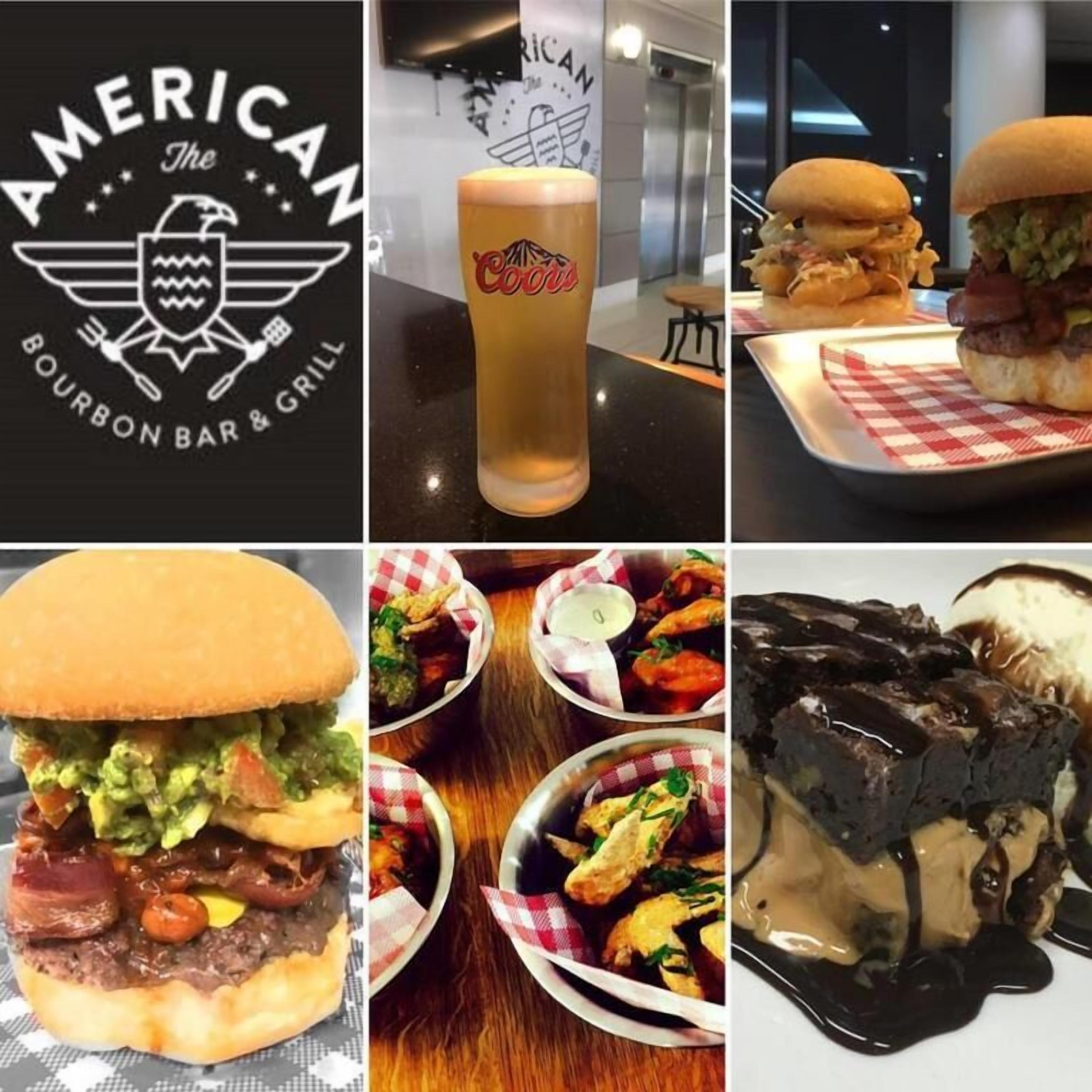 Eine Collage mit Speisen wie Burgern, Wings und einem Dessert.