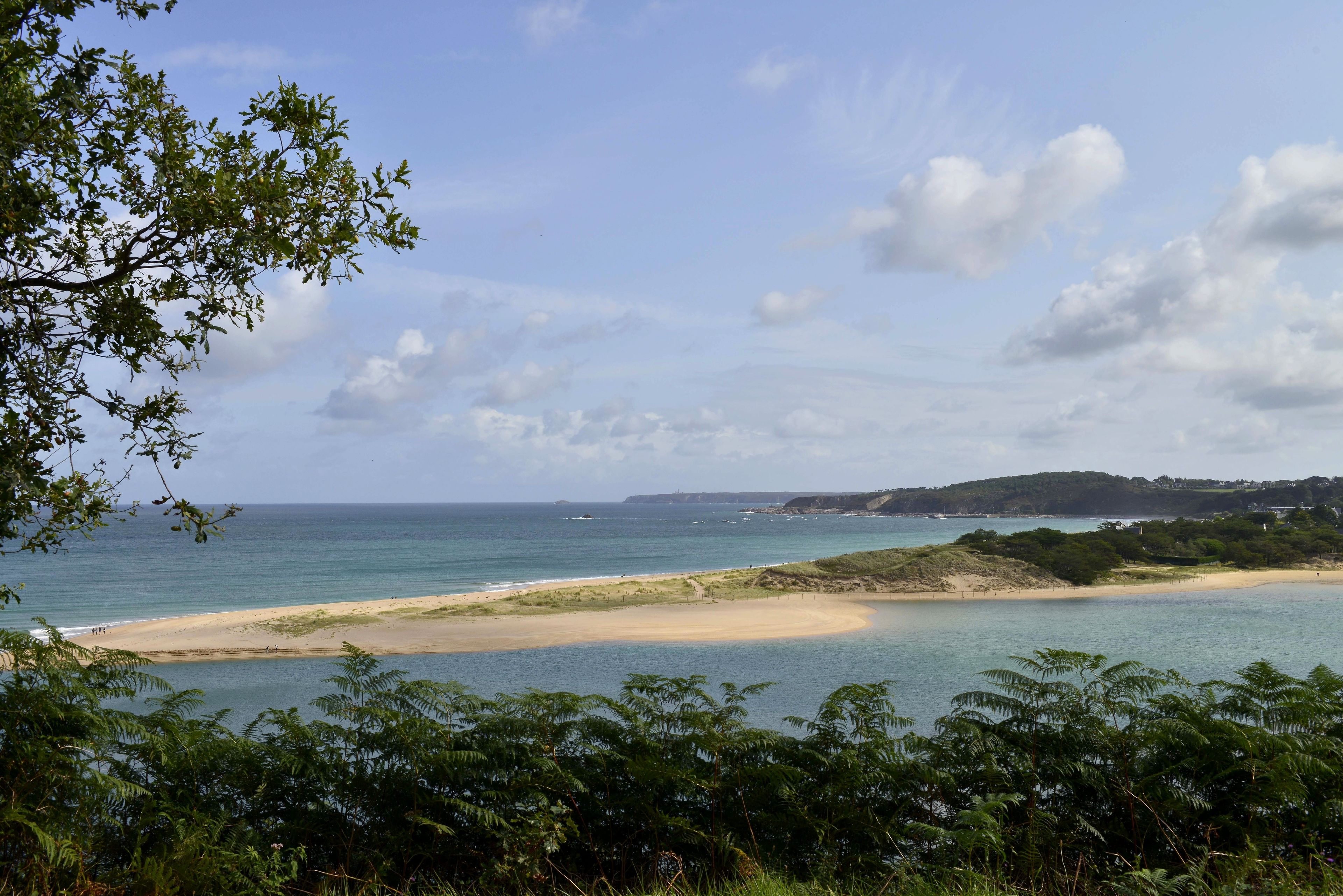 A coastal landscape with a beach, clear sky, and lush greenery.