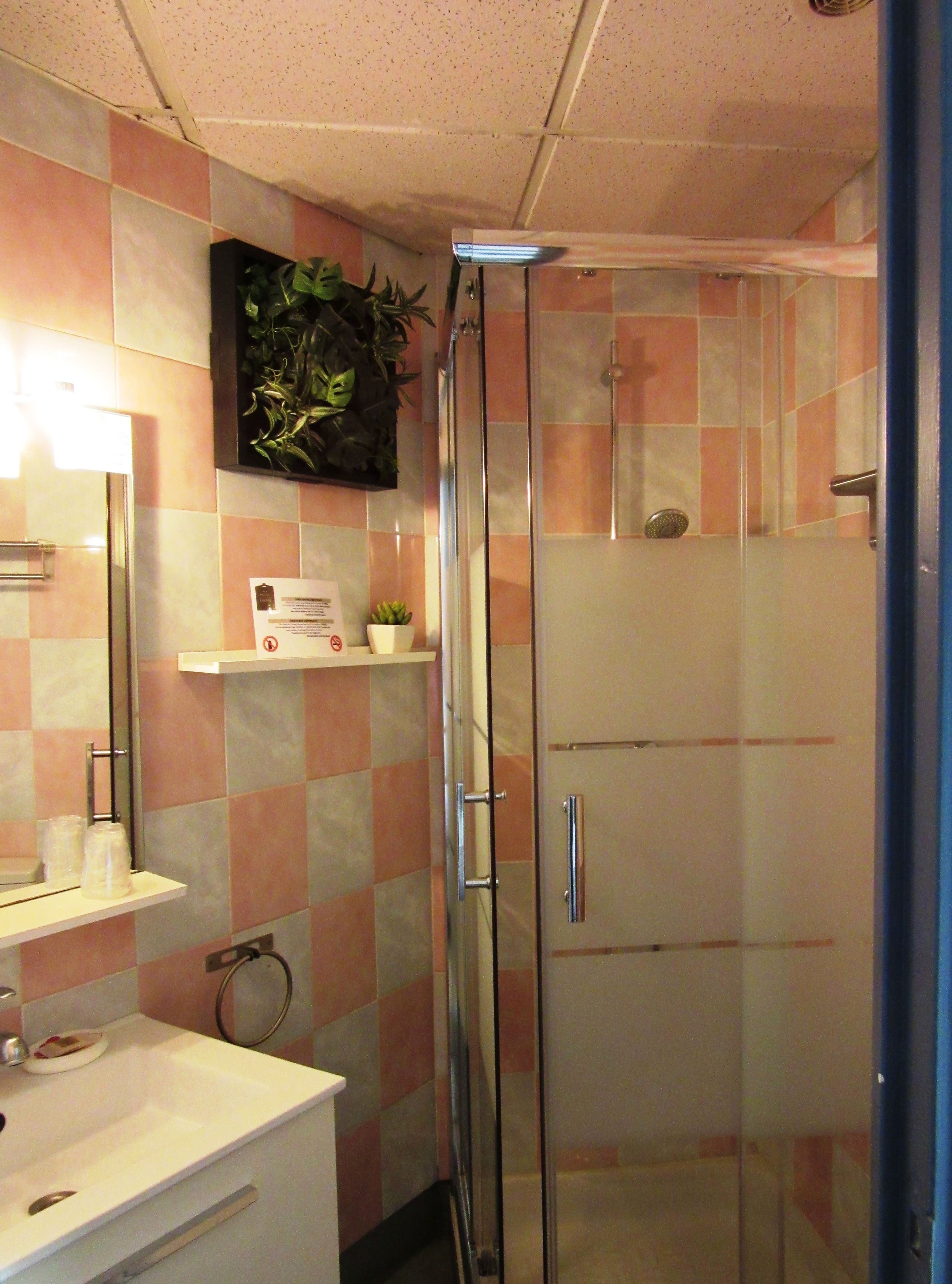 Un baño con cabina de ducha de vidrio, un lavabo blanco y un espejo sobre él.