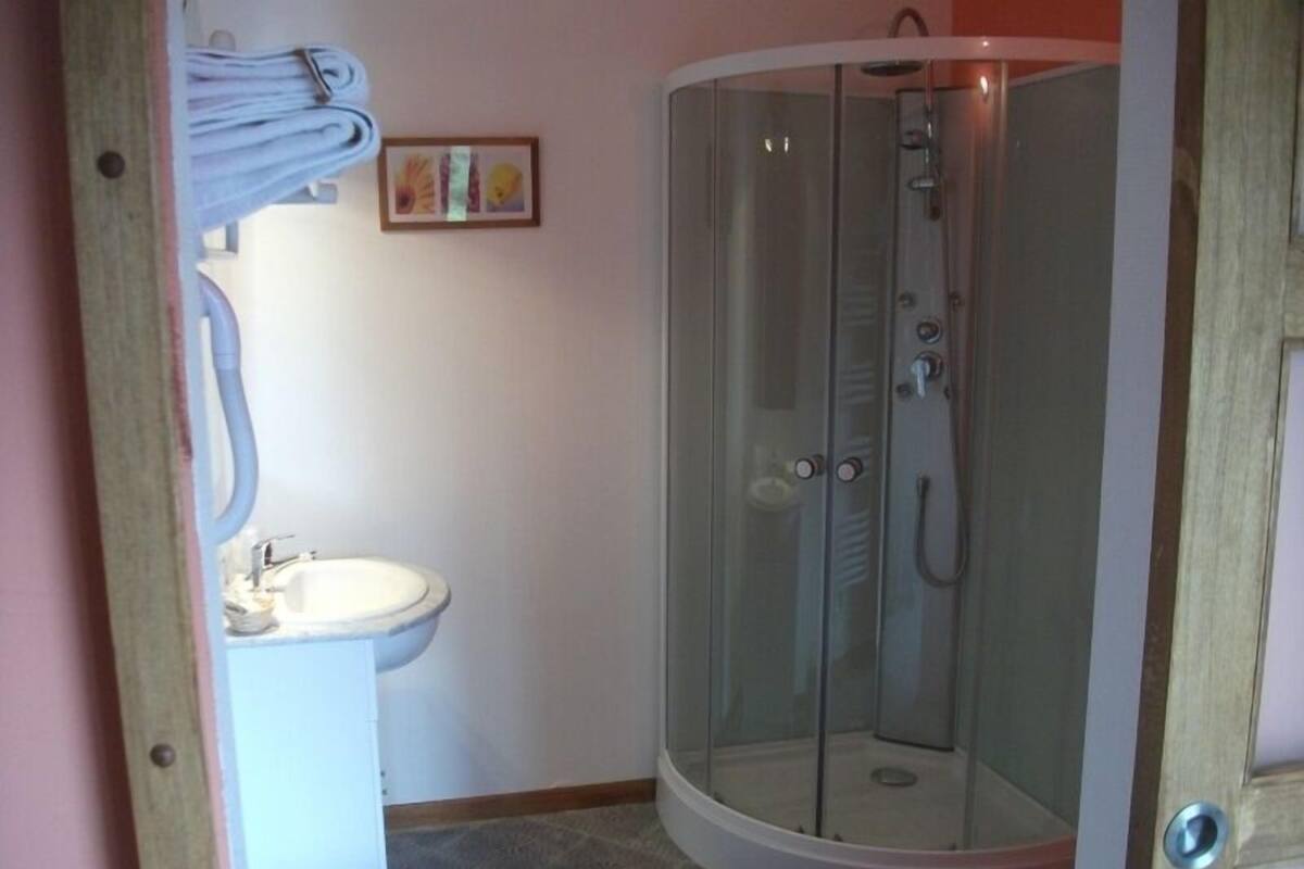 Ein Badezimmer mit Duschkabine, Waschbecken und Toilette.
