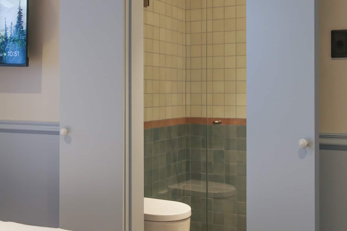 A hotel room with a bed, a television, and a shower area with a glass door.