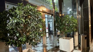 L'ingresso di un hotel con facciata in vetro, piante in vaso e pavimento piastrellato.