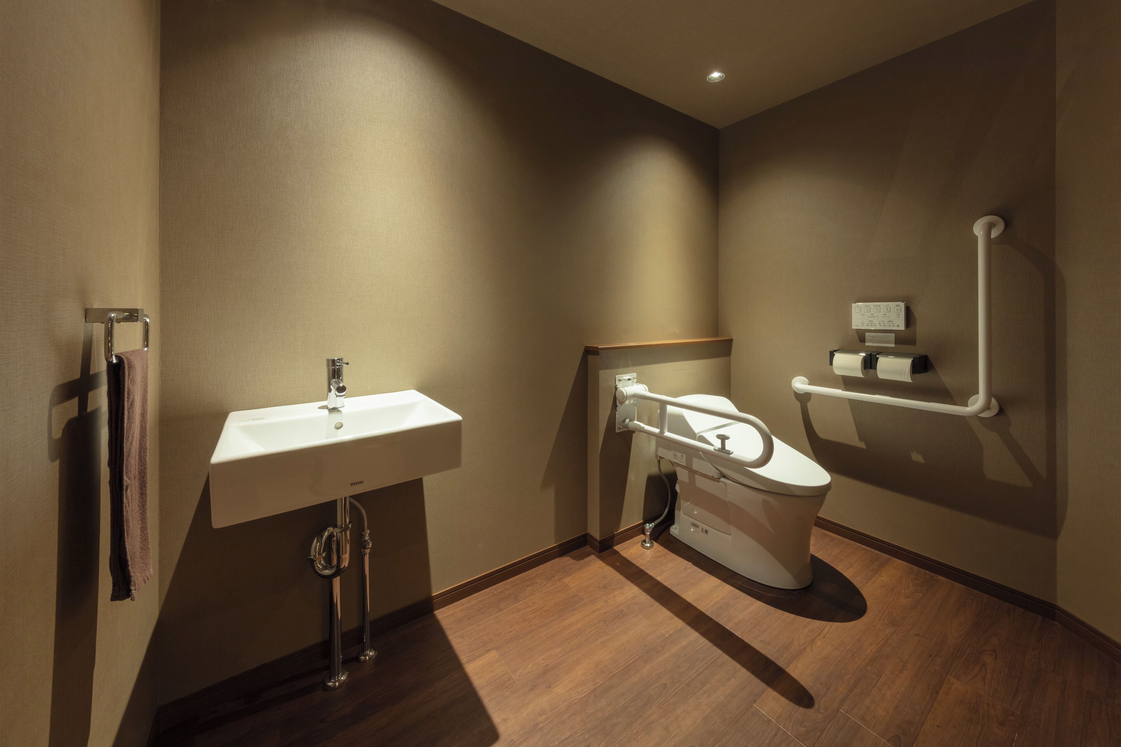 A modern bathroom with a sink, toilet, and handrails.