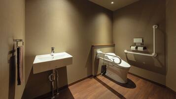 A modern bathroom with a sink, toilet, and handrails.