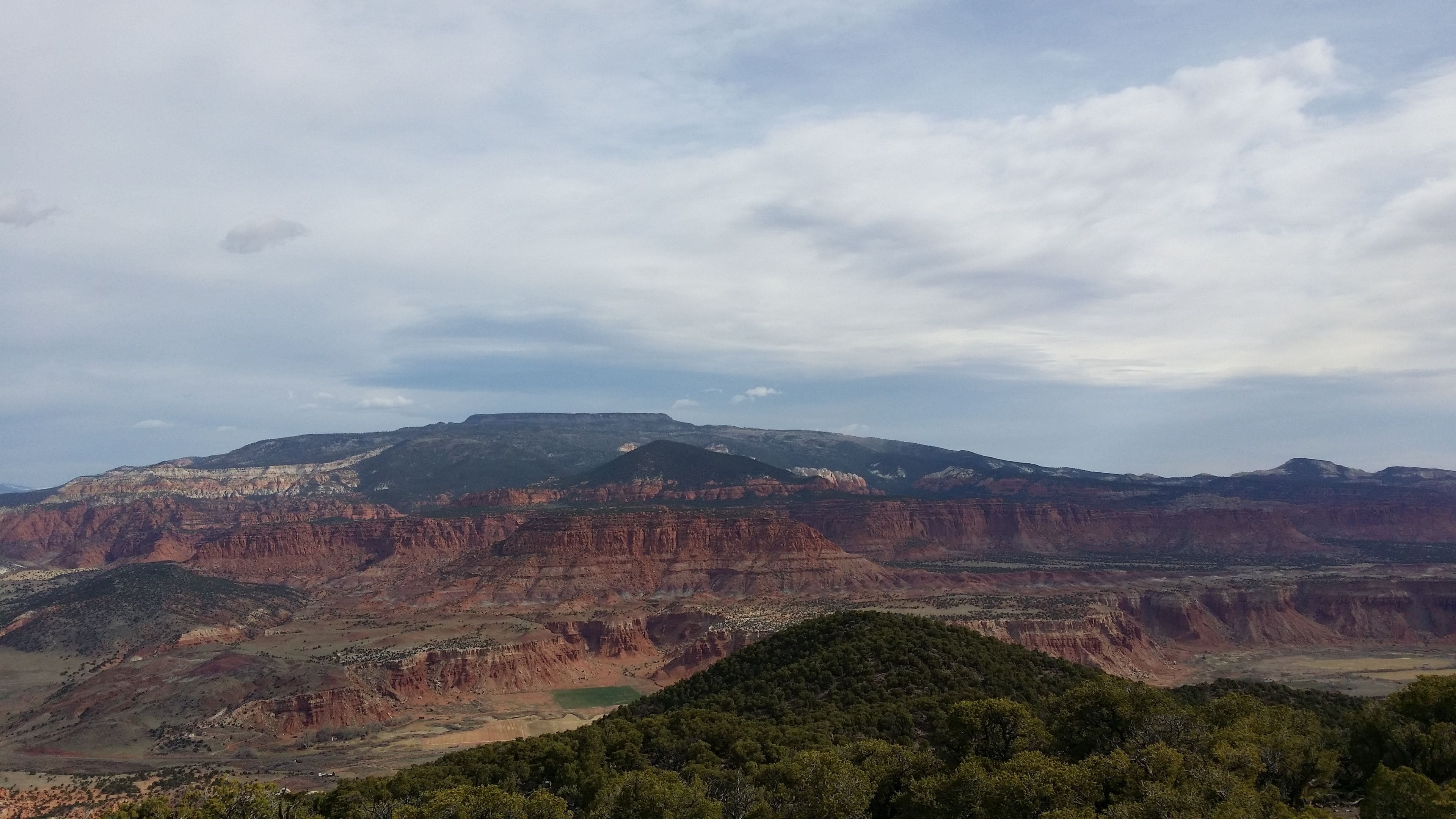 Un paysage de canyon caractérisé par des formations rocheuses en strates et une végétation clairsemée.