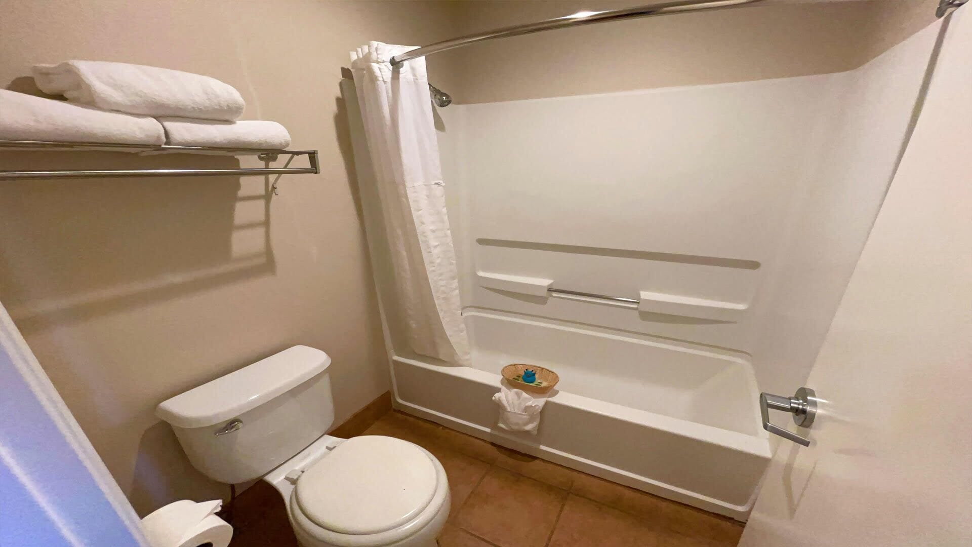 Ein Badezimmer mit Toilette, Badewanne und Duschvorhang.