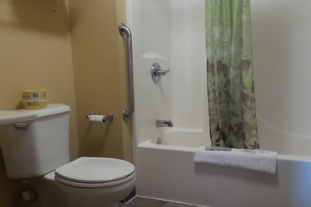 standard room, 2 queen beds, refrigerator & microwave | bathroom | combined shower/bathtub, free toiletries, towels