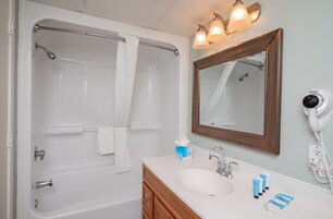 Un baño con bañera, lavabo, espejo y secador de pelo.