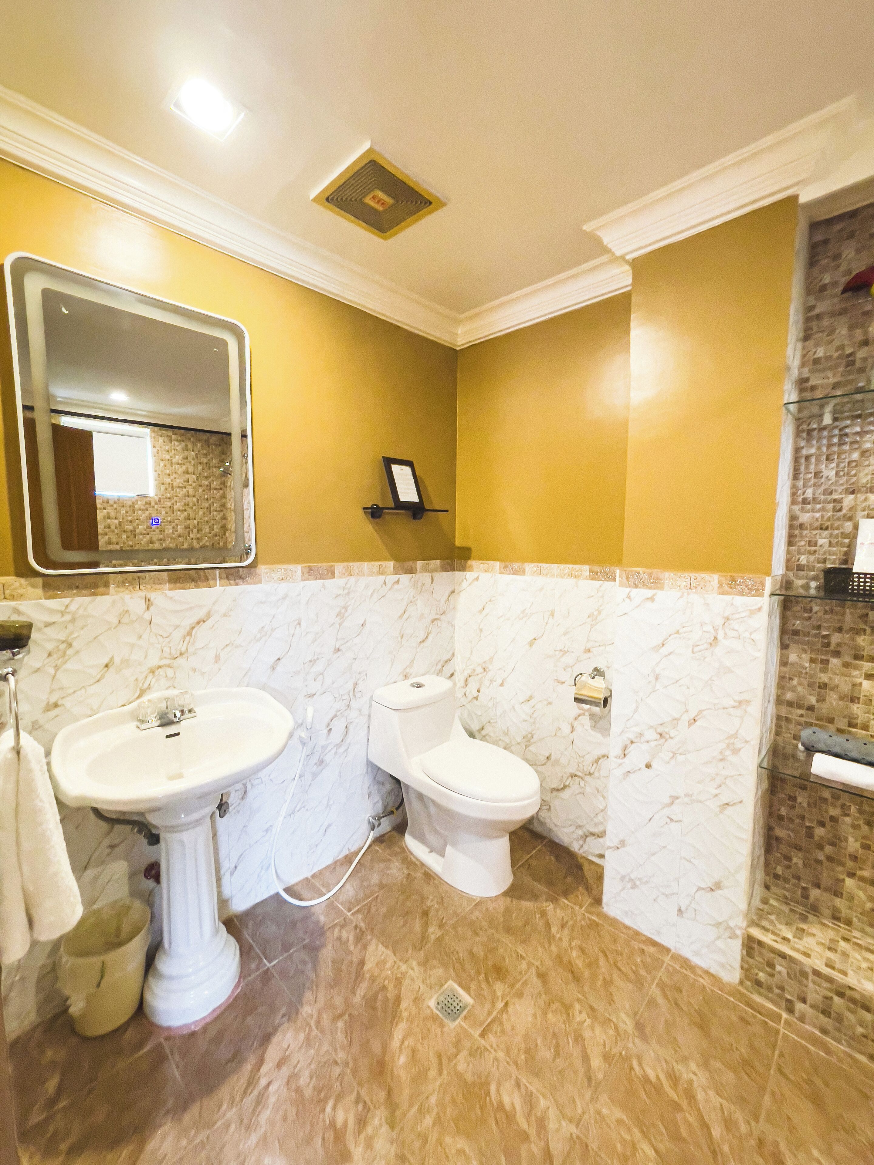 A bathroom with a pedestal sink, a toilet, and a mirror.