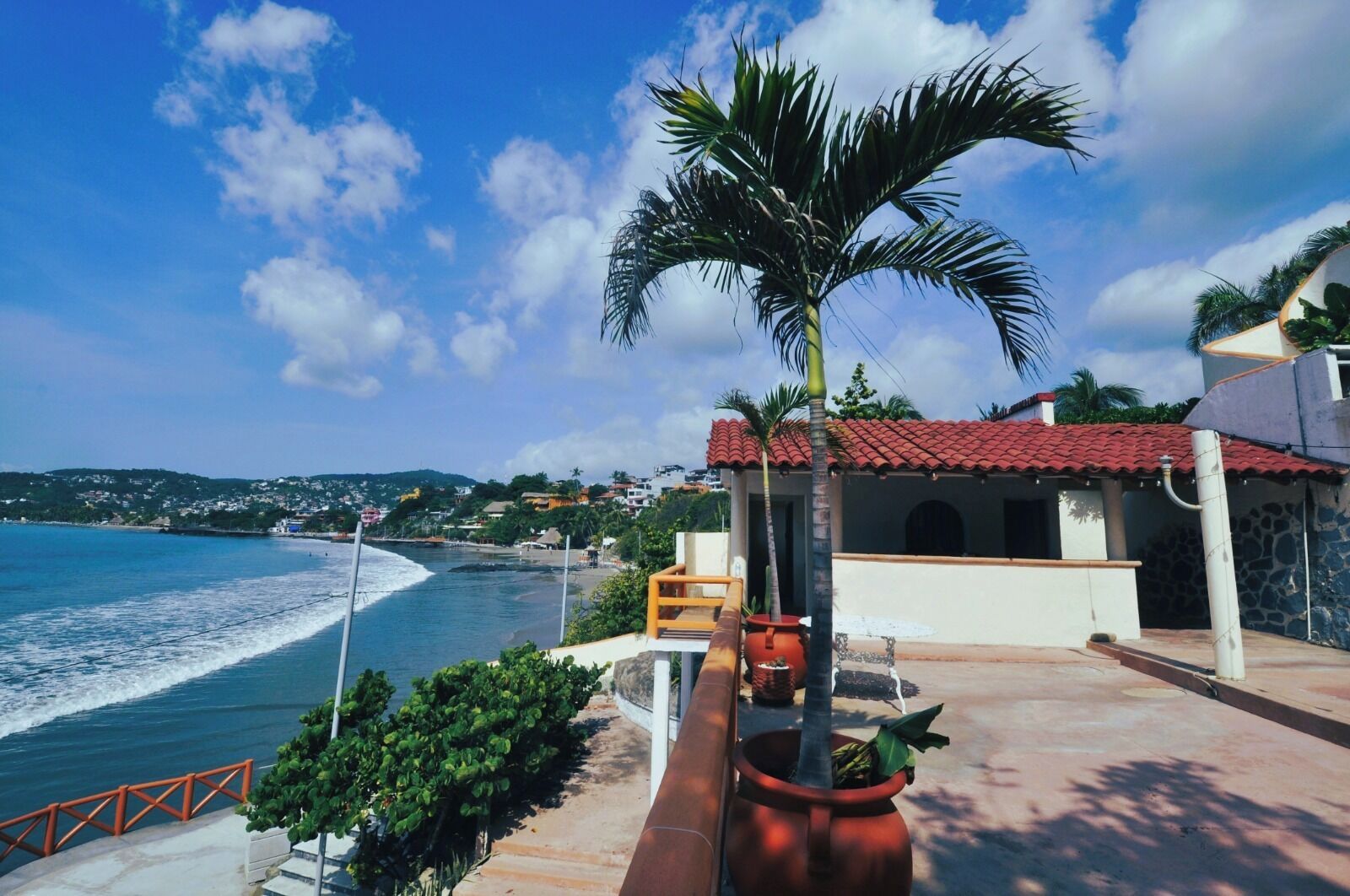 Una propiedad costera con vista al mar, una palmera y un edificio con techo de tejas rojas.