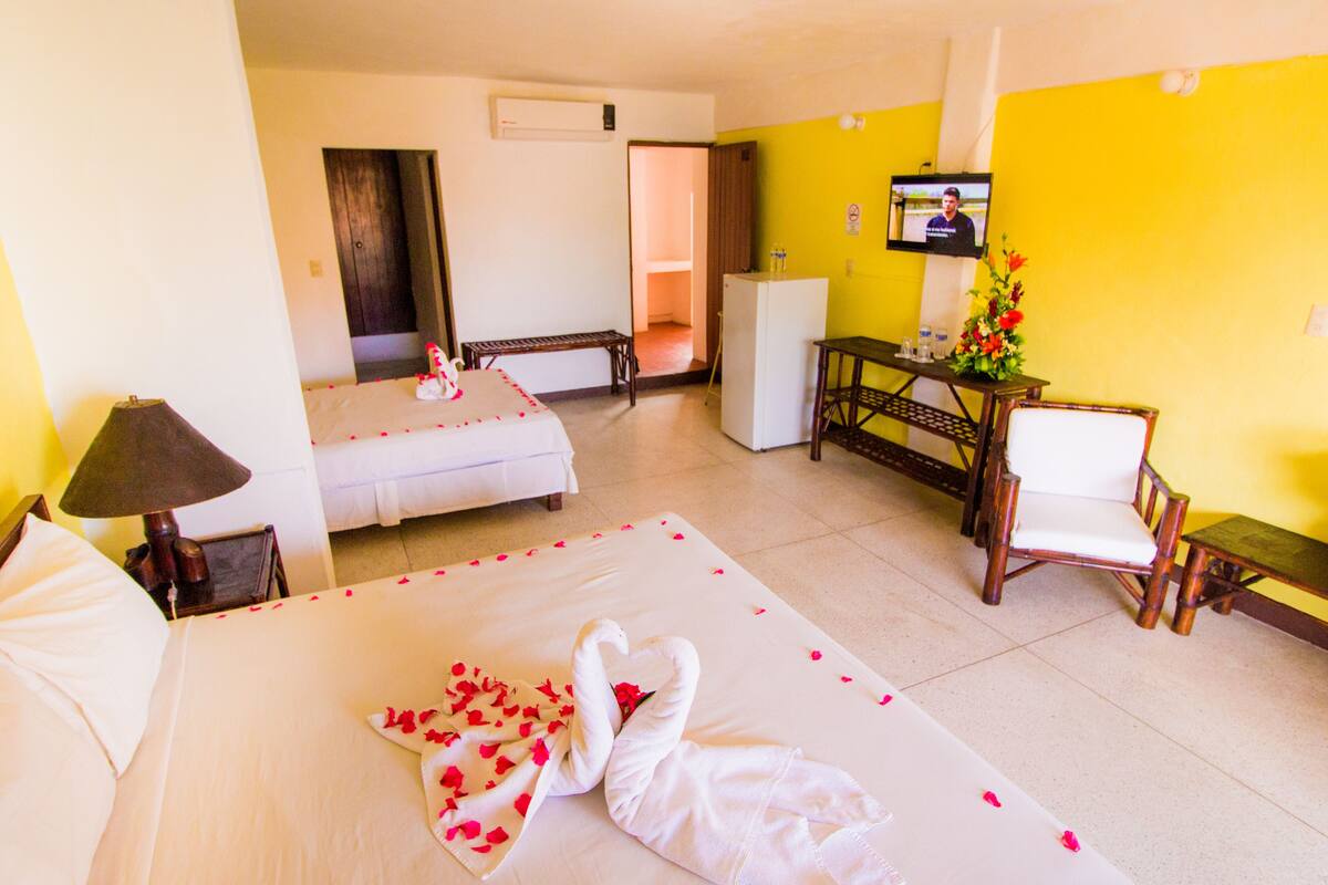 Una habitación de hotel con una cama, un escritorio, una silla, un televisor y un refrigerador pequeño.