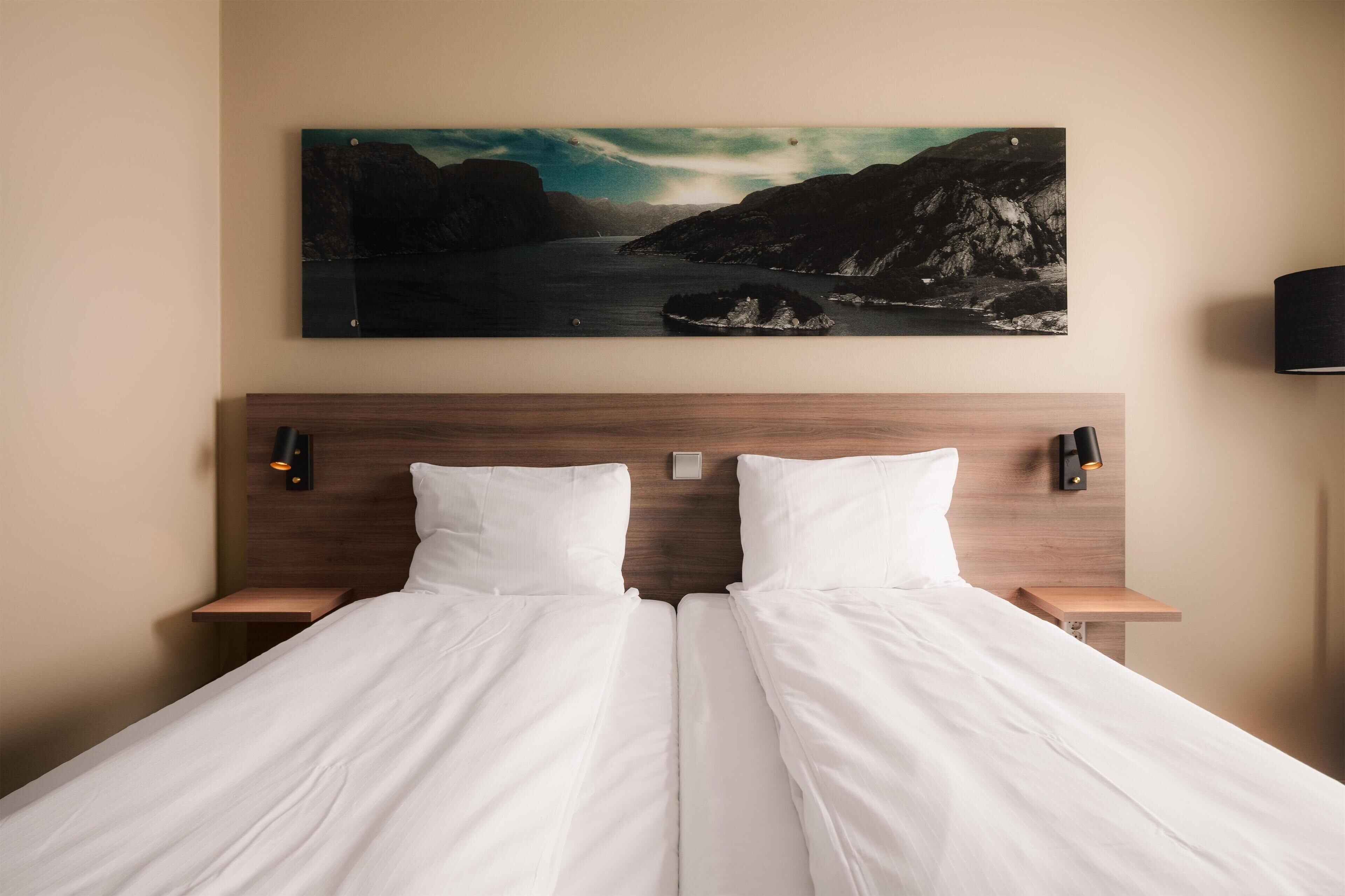 Twin kamer | Donsdekens, pillowtop-bedden, een kluis op de kamer, een bureau