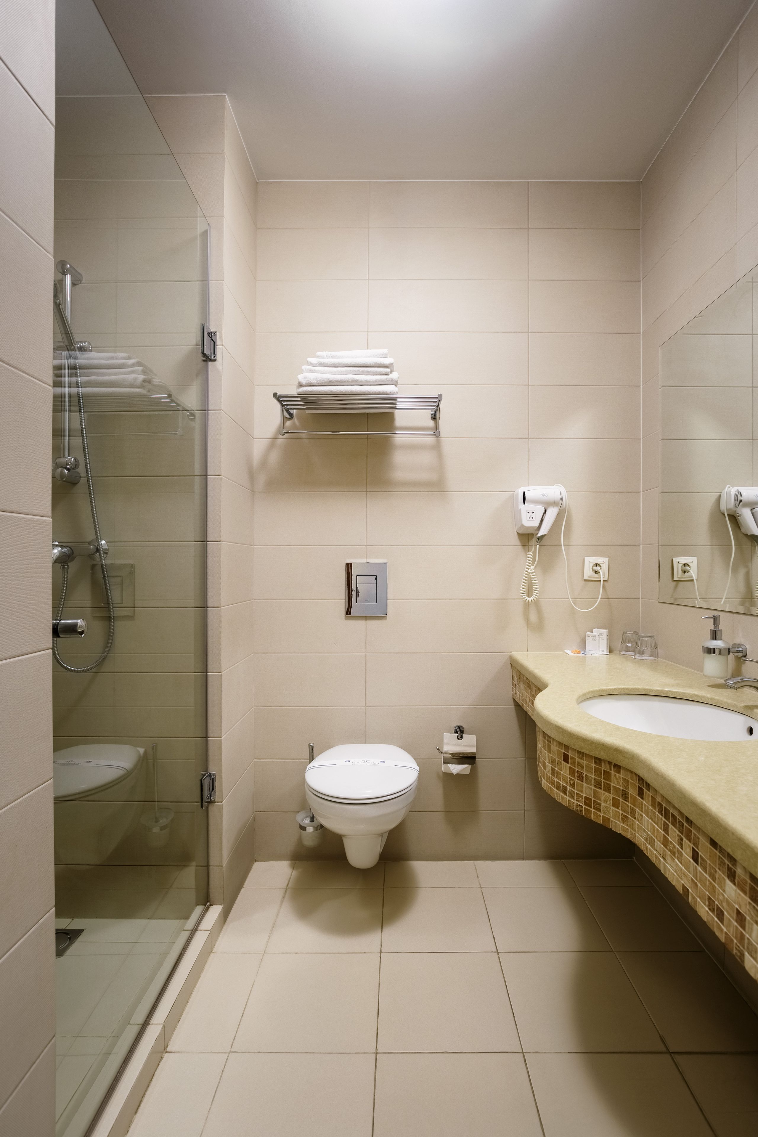 A modern bathroom with a glass shower enclosure, a toilet, a sink with a mirror, and a towel rack.