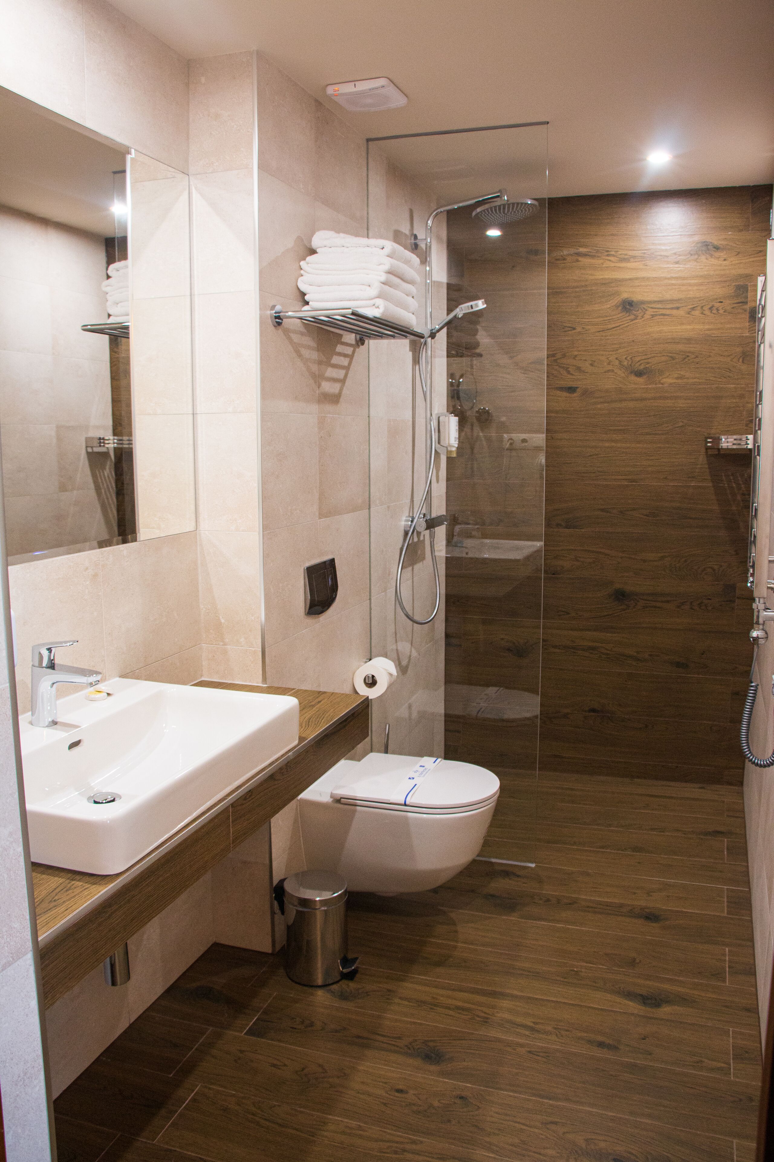 A modern bathroom with a glass shower enclosure, a white sink, and a toilet.