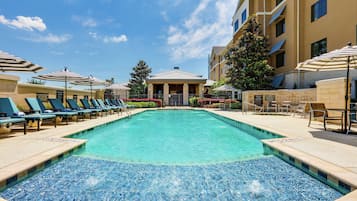 Outdoor pool, pool umbrellas, pool loungers