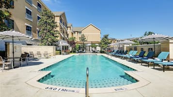 Outdoor pool, pool umbrellas, pool loungers