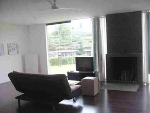 16-inch TV with premium channels, fireplace, pay movies
