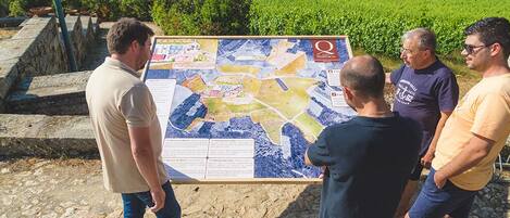 A group of people standing in front of a large informational map.