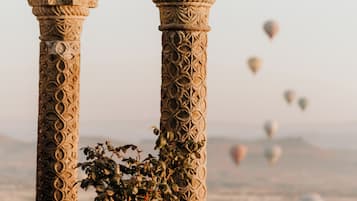 Two intricately carved columns with a tree in the foreground and a distant view of a cityscape.