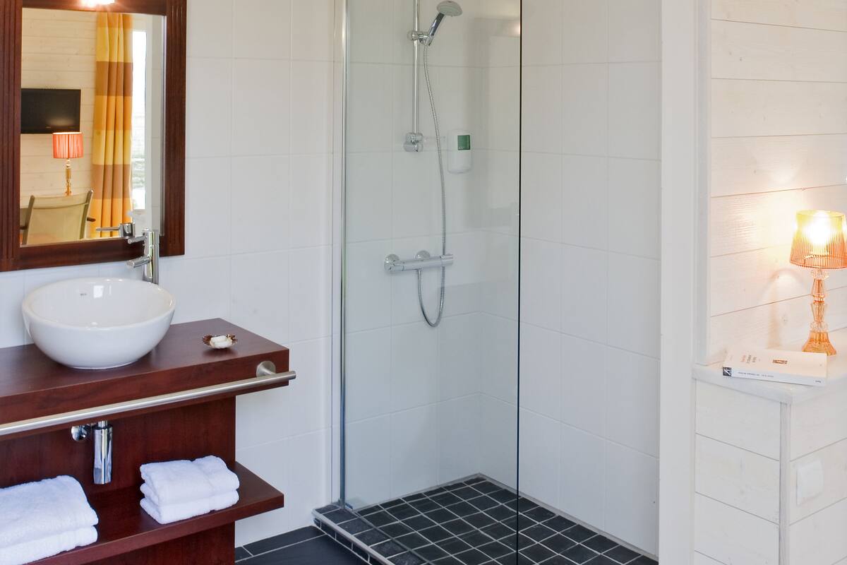 shower, free toiletries, towels